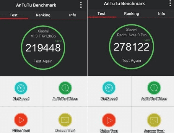 Сравнение производительности Mi 9T и Redmi Note 9 Pro по AnTuTu Сравнение мощности Ми 9Т и Редми Ноут 9 Про по АнТуТу