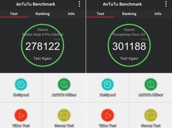 Сравнение производительности смартфонов Redmi Note 9 Pro и POCO X3 по AnTuTu Сравнение мощности смартфонов Редми Ноут 9 Про и ПОКО Х3 по АнТуТу